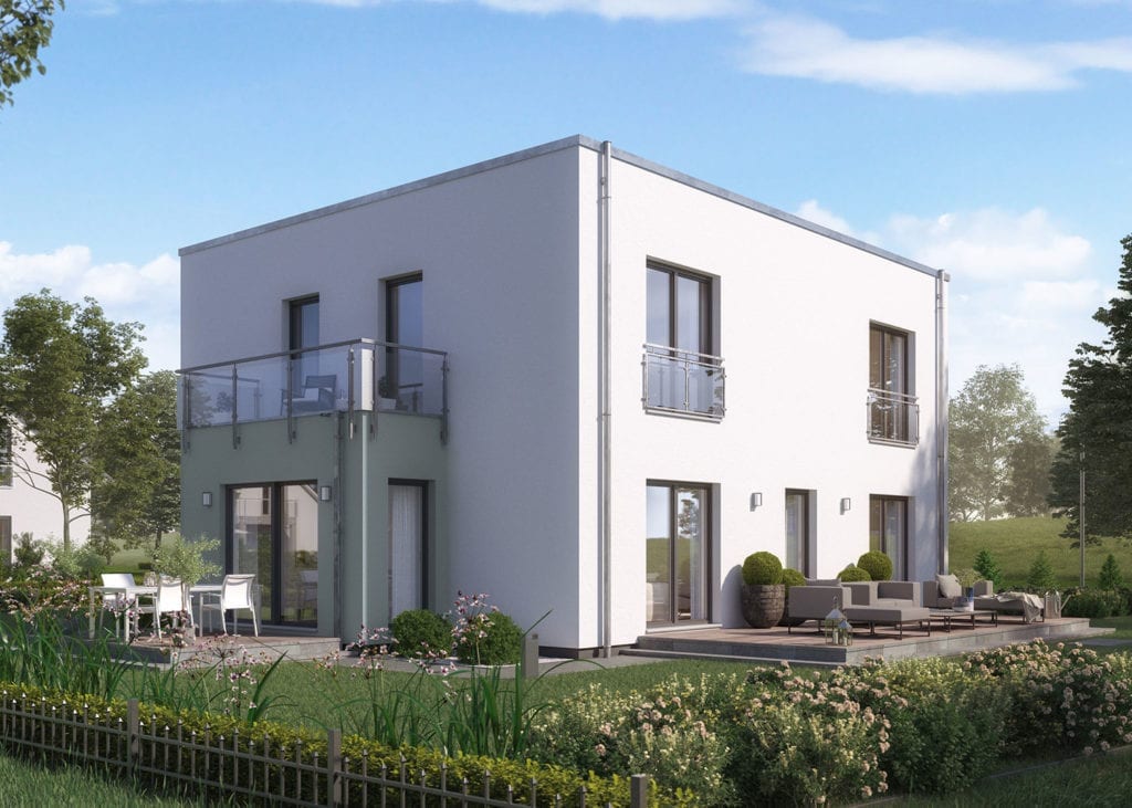 Modernes massa haus Fertighaus Einfamilienhaus im Lifestyle-Design, mit klarer kubischer Form, Flachdach und einem großzügigen Eckbalkon sowie Terrasse, ideal für einen vielseitigen Outdoor-Lifestyle.