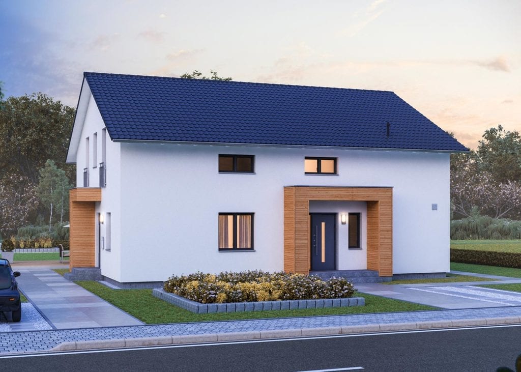 Stimmungsvolle Frontansicht eines massa haus Fertighauses bei Dämmerung, das als Mehrgenerationenhaus konzipiert ist. Die helle Fassade mit dunklem Dach wird durch moderne Holzverkleidungen am Eingang akzentuiert, was einen einladenden Familystyle widerspiegelt.