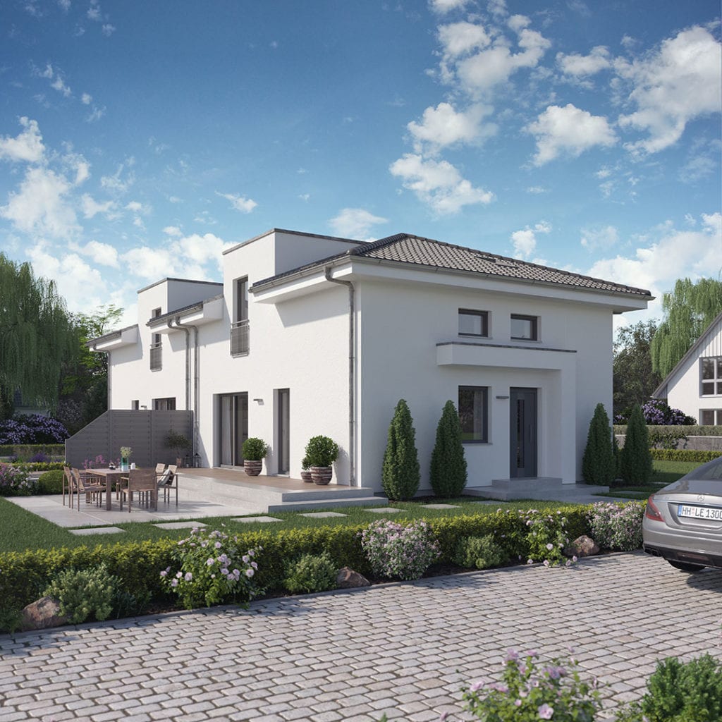 Modernes massa haus mit weißer Fassade, dunklem Satteldach und integrierter Garage. Vor dem Haus befindet sich eine gepflasterte Einfahrt mit einem weißen Auto und dezenter Bepflanzung.
