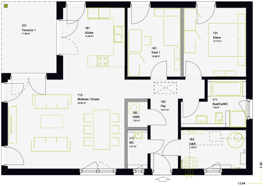 Grundriss eines massa haus Bungalows mit Terrasse, offenem Wohn-Essbereich, Küche, Schlafzimmer, Kinderzimmer, Bad, Gäste-WC und Hauswirtschaftsraum