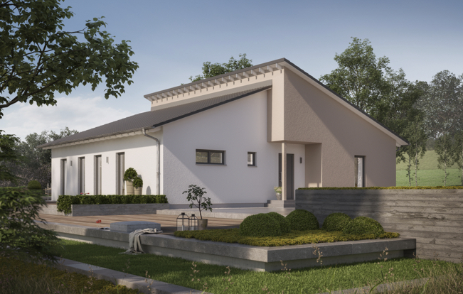 Bungalow mit Pultdach und großzügiger Terrasse Moderner massa haus Bungalow mit asymmetrischem Pultdach, weißer Fassade, überdachtem Eingangsbereich und stilvoll angelegtem Vorgarten mit Holzterrasse