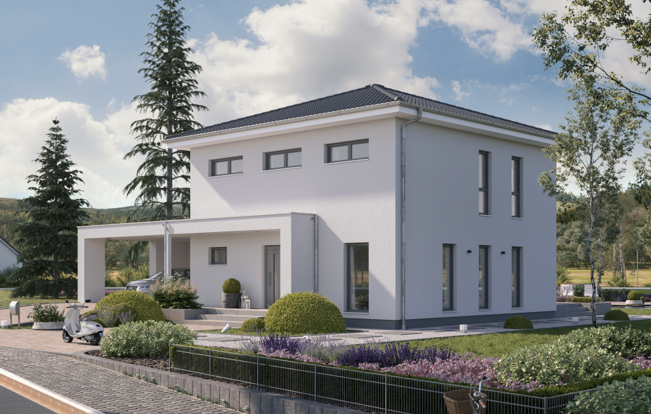 Schlichtes, elegantes Haus in kubischer Bauweise mit weißer Fassade, klaren Linien und gepflegtem Garten.