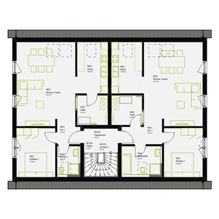 Detaillierter Grundriss des Erdgeschosses eines Mehrfamilienhauses mit zwei identischen Wohneinheiten, jeweils mit offenem Wohn-/Essbereich, Küche, Schlafzimmer und Bad. Dieser massa haus Fertighaus-Plan zeigt einen funktionalen Unitstyle für mehrere Parteien.