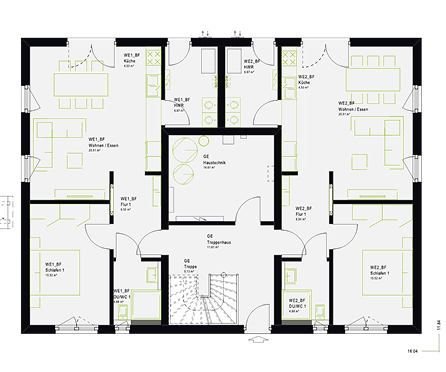 Detaillierter Grundriss des Erdgeschosses eines Doppelhauses mit zwei separaten Wohneinheiten, jeweils mit Wohn-/Essbereich, Küche, Schlafzimmer und Bad. Dieser massa haus Fertighaus-Grundriss ist ideal für einen flexiblen Unitstyle in einem modernen Mehrfamilienhaus-Doppel.