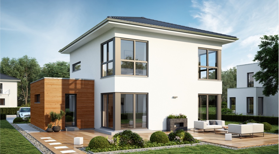 Moderner Bungalow mit Walmdach und überdachter Terrasse