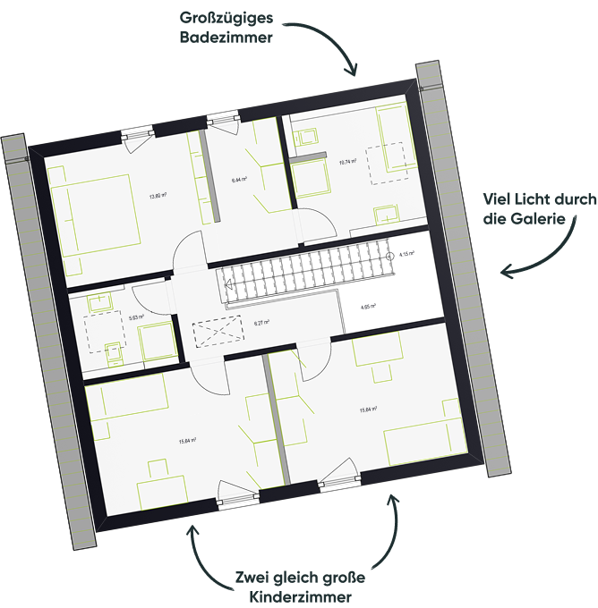 Grundriss des Obergeschosses mit zwei Kinderzimmern, Galerie und großem Badezimmer.