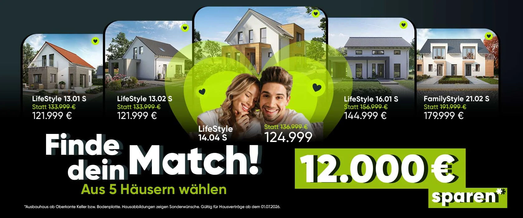 Aktion von massa haus: Aus 5 ausgewählten Hausmodellen wählen und 12.000 Euro sparen.