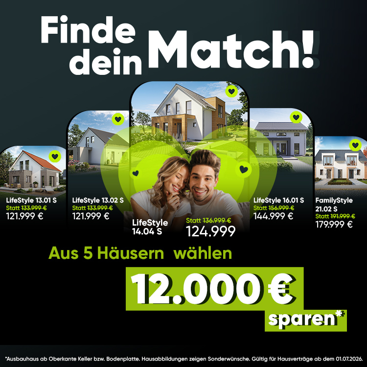 Aktion von massa haus: Aus 5 ausgewählten Hausmodellen wählen und 12.000 Euro sparen.