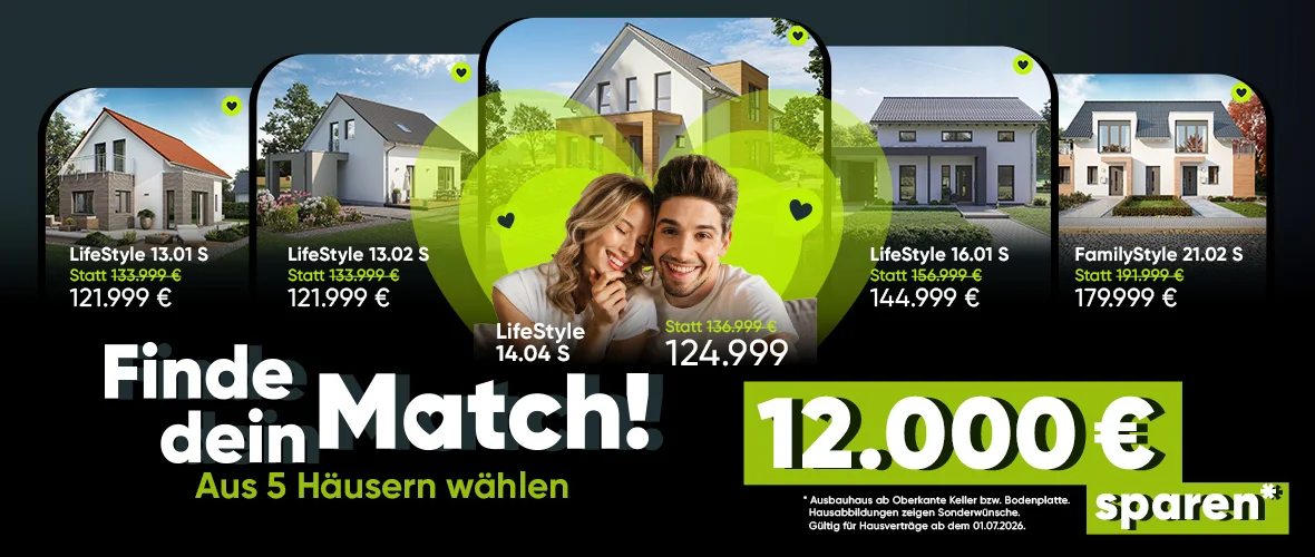 Aktion von massa haus: Aus 5 ausgewählten Hausmodellen wählen und 12.000 Euro sparen.