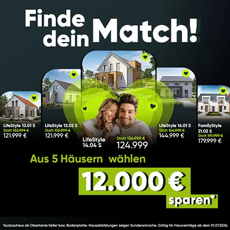 Aktion von massa haus: Aus 5 ausgewählten Hausmodellen wählen und 12.000 Euro sparen.